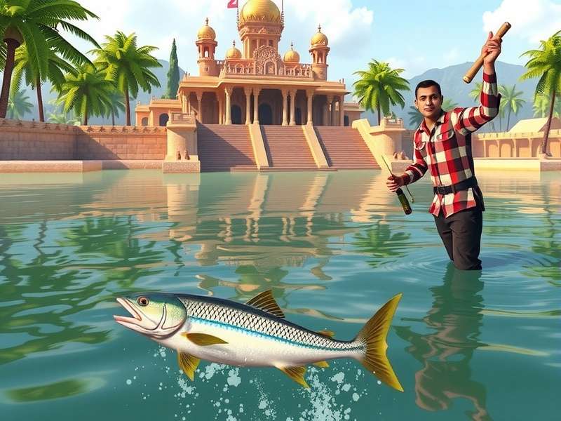 Tropical Fish Bonanza India - Gameplay Screenshot Tropical Fish Bonanza India gameplay showing a player reeling in a mahseer in the Ganges river with temple background